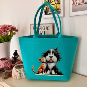 Filz Tasche - Einkaufstasche - Trainingstasche - türkis - Hund und Katze
