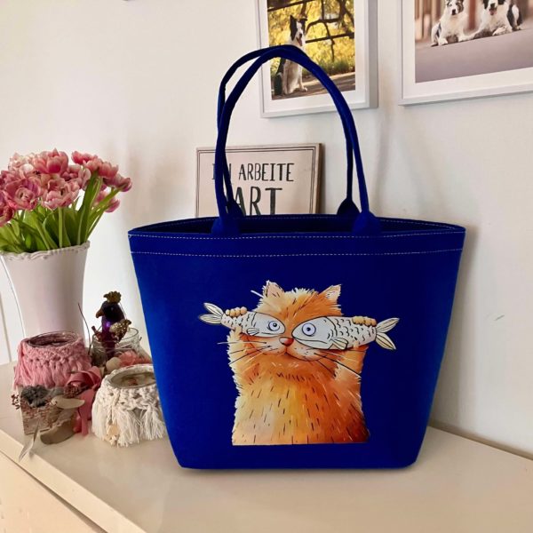 Filz Tasche - Einkaufstasche - Trainingstasche - dunkelblau - Katze mit Fisch