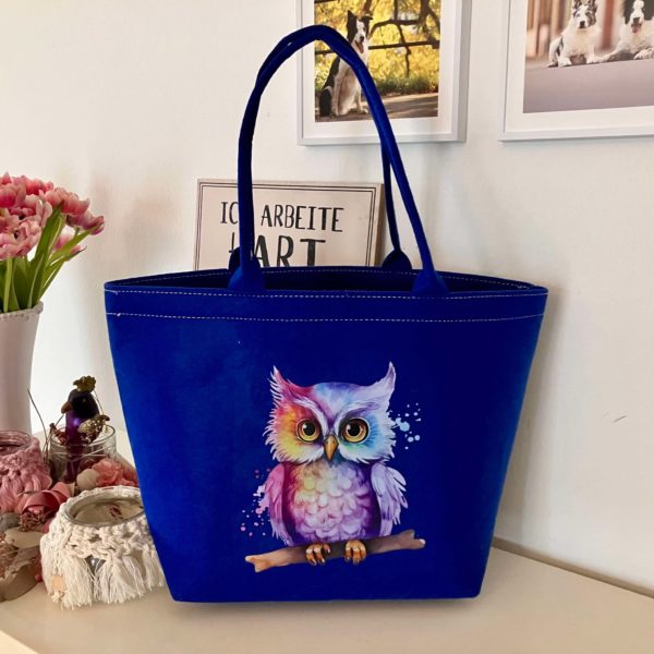 Filz Tasche - Einkaufstasche - Trainingstasche - blau - Eule