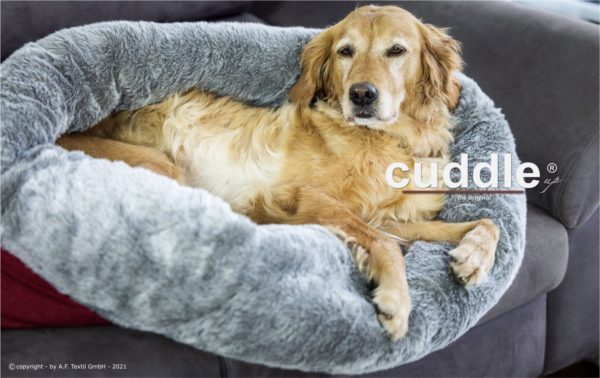 Bett-Hundebett-Hund-Reisebett-Schlafsack-Hundeschlafsack-Hundekuschelbett-Cuddle UP-weich-kuschlig-warm-wandelbar-Webpelz-grau-rot-1