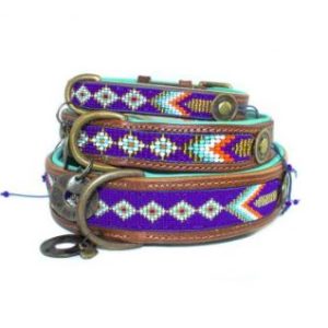 DWAM, Dog with a mission, Halsband, Hundehalsband, Leder, Hippie, Boho, Ibiza, Avalon, tuerkis, Perlen, blau