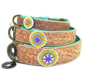 DWAM-Dog-with-a-mission-Halsband-Hundehalsband-Leder-Hippie-Boho-Ibiza-Phoenix-braun-Perlen-indianisch-weich-türkis