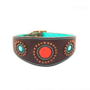 DWAM, Dog with a mission, Halsband, Hundehalsband, Leder, Hippie, Boho, Ibiza, Sammy, tuerkis, Perlen, blau, rot, braun, Greyhound1