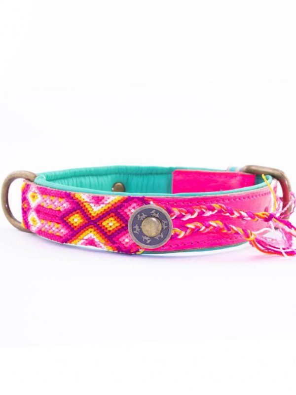 DWAM, Dog with a mission, Halsband, Hundehalsband, Leder, Hippie, Boho, Ibiza, rose, pink, tuerkis