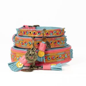 DWAM-Dog with a mission-Hund-Hundehalsband-Leder-Pommel-stylish-Boho-Indian Summer-rosa-blau-pink-orange