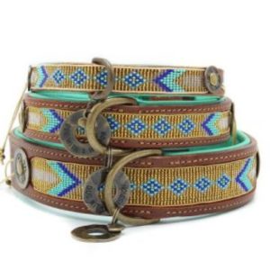 DWAM, Dog with a mission-Hundehalsband-Halsband-Leder-Vintage-Boho-Ibiza-Perlen-Indi Moon-gold-blau