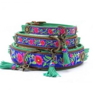 DWAM-Dog-with-a-mission-Hundehalsband-Halsband-weich-komfortabel-Leder-gruen-Blumen-blau-Bluebell