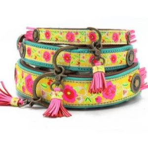 DWAM-Dog-with-a-mission-Hundehalsband-Halsband-weich-komfortabel-Leder-pink-gruen-Blumen-gelb-Lotus