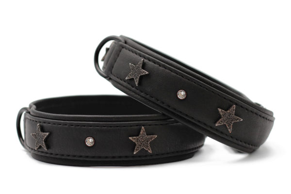 Halsband-Hundehalsband-Leder-Rindsleder-Sterne-Strass-schwarz-hochwertig-speziell-Weihnachten