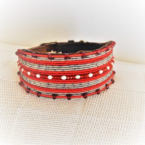 Perlenhalsband-Halsband-Hund-Afrika-Kenya-Masai-Handmade-rot-weiss-silber-Dream in red