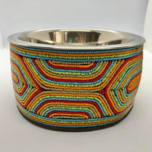 Pfoetli Shop-Afrika-Kenya-Masai-Napf-Fressnapf-Hund-Katze-Handarbeit-Perlen-Leder-orange-rot-blau-gruen-1