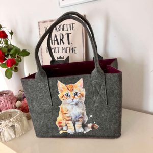 Pfoetli Shop-Gilde Handwerk-Filztasche-Geschenk-Filz-Naturprodukt-Einkaufstasche-Trainingstasche-Katze-grau-rot