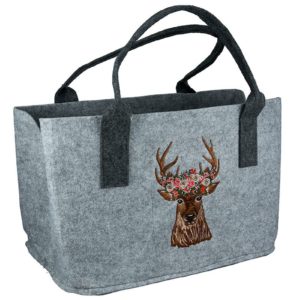 Pfoetli-Shop-Gilde-Handwerk-Geschenk-Tasche-Filztasche-Hirsch-Hirschkopf-Blumen-Blumenkranz-hellgrau-dunkelgrau