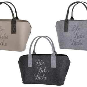 Pfoetli-Shop-Gilde-Handwerk-Geschenk-Tasche-Filztasche-Spruch-Lebe-Liebe-Lache-dunkelgrau-hellgrau-beige