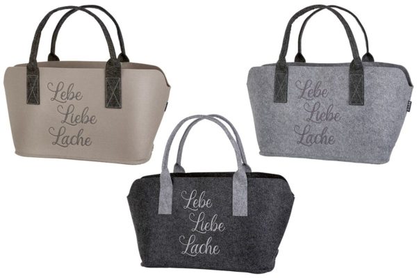 Pfoetli-Shop-Gilde-Handwerk-Geschenk-Tasche-Filztasche-Spruch-Lebe-Liebe-Lache-dunkelgrau-hellgrau-beige