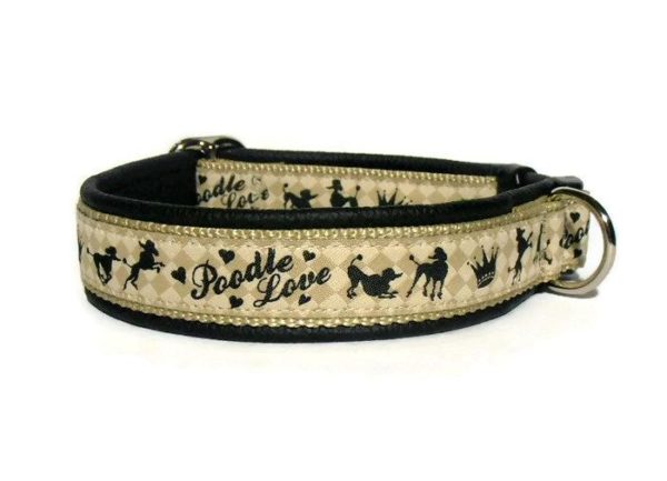Pfoetli Shop-Halsband-Hundehalsband-Leder-Clickverschluss-Borte-Poodle Love-schwarz-beige