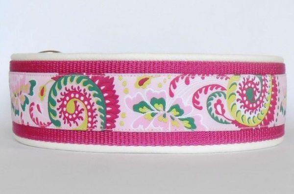 Pfoetli Shop-Halsband-Hundehalsband-Leder-Clickverschluss-Borte-Spitzenwerk-pink-rot