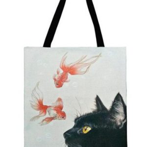 Shopper-Tasche-Einkauf-Oekologisch-umweltbewusst-Katze-Fisch-schwarz-rot-weiss