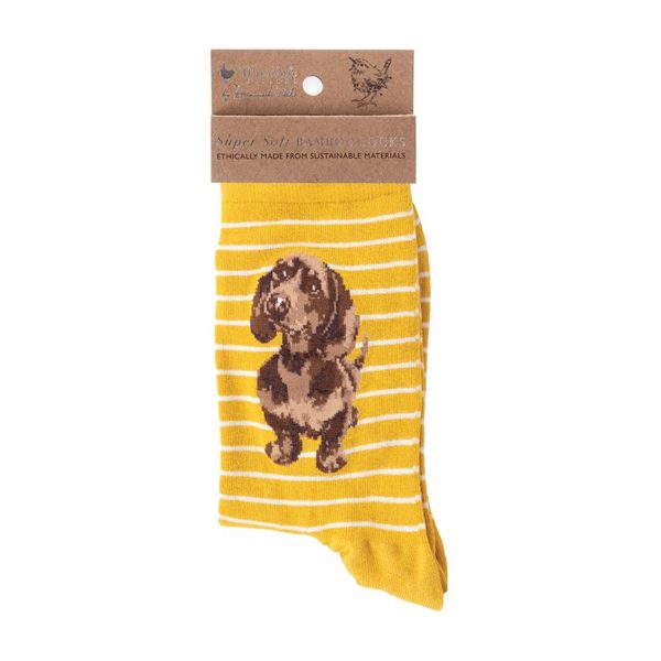 Sock-Bambussocken-Bambus-Socken-Damen-Einheitsgroesse-gelb-gestreift-Dackel-Saucedog-Hundeliebhaber-Geschenk