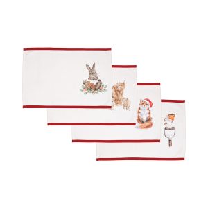 Wrendale-Design-Hannah-Dale-England-Tischset-Woodland-Pack-of-Four-Weihnachten-schoener-Tisch-Fuchs-Kaninchen-schottisches-Hochlandrind-Rotkehlchen