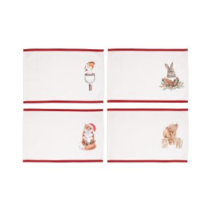 Wrendale-Design-Hannah-Dale-England-Tischset-Woodland-Pack-of-Four-Weihnachten-schoener-Tisch-Fuchs-Kaninchen-schottisches-Hochlandrind-Rotkehlchen