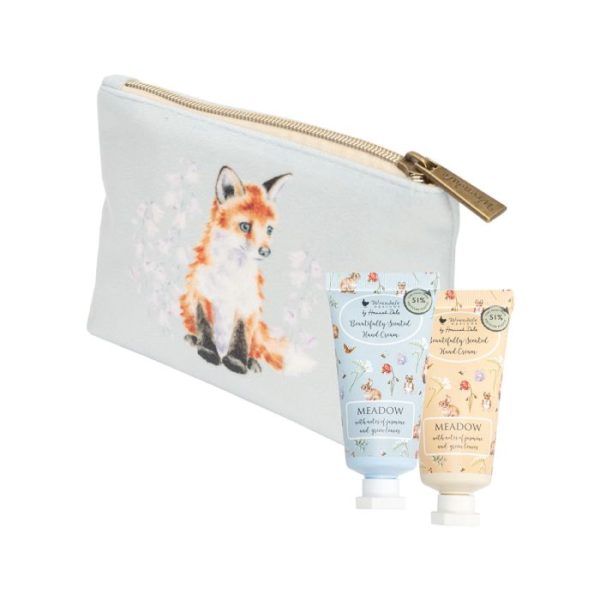 Wrendale Design-Pofetli Shop-Nessesaire-Kulturbeutel-Samtbeutel-Handcreme-Fuchs-Kaninchen-hellblau-1