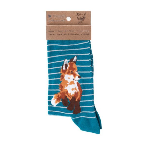 Wrendale-Design-Socken-Frauengroesse-pfoetli-shop-Fuchs-fox-Born-to-be-wilde-petrol-streifen