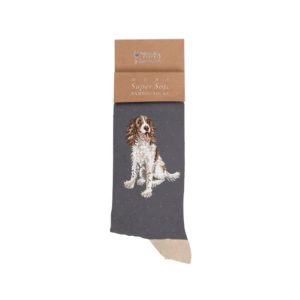 Wrendale Design-Socken-Herrensocken-Hund-Spaniel-Einheitsgroesse-Hundeliebhaber-Baumbussocken-grau