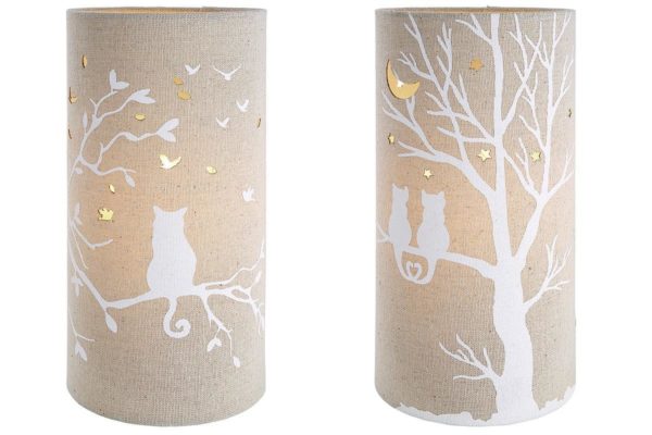 Lampe beige - Textil - Baum mit Katzen bei Nacht